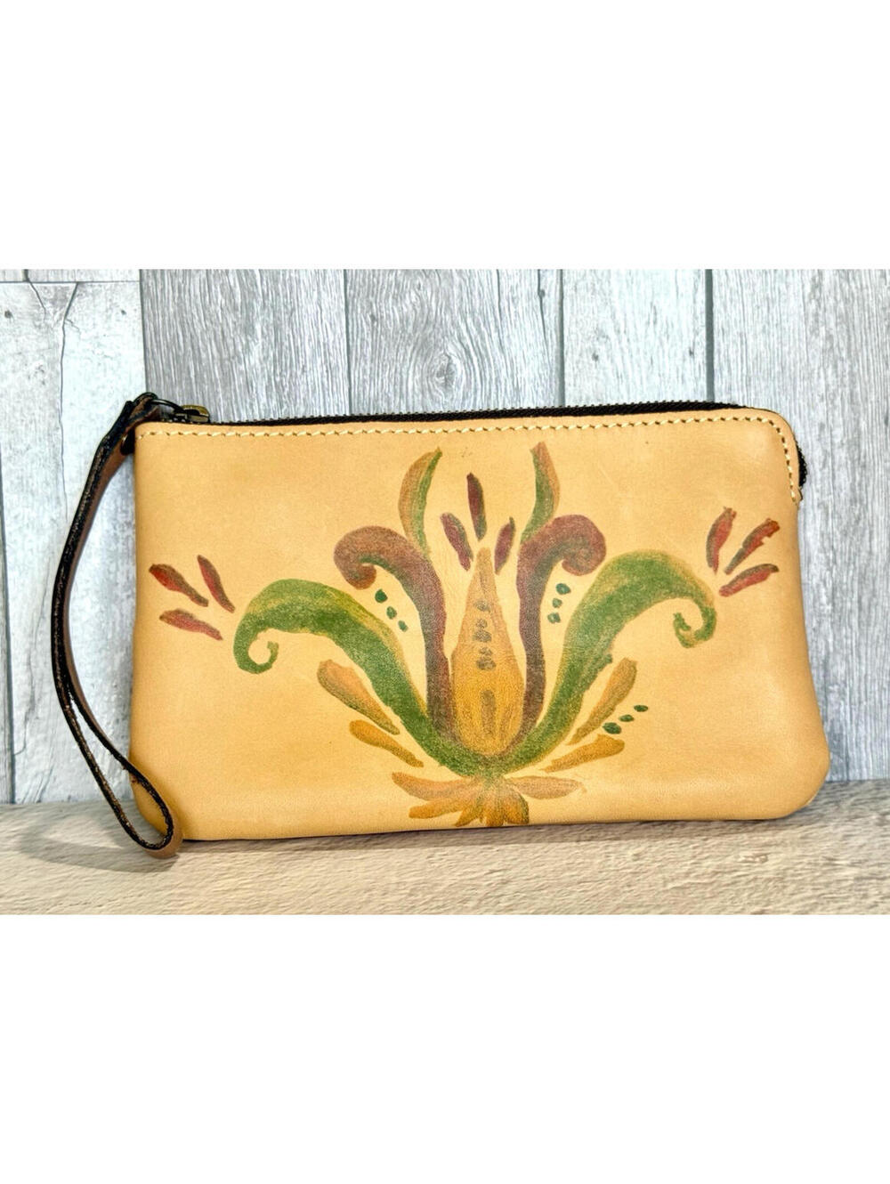 Patricia Nash Rosemaling Leather‎ Wristlet 8x5 Hand Painted Floral Brown Rare